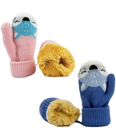 BEISIJIA Toddler Kids Warm Knitted Mittens Cute Cartoon Gloves Winter Full Fnger Mittens with String Hang Neck for 1-4 Years Kids Pink+blue