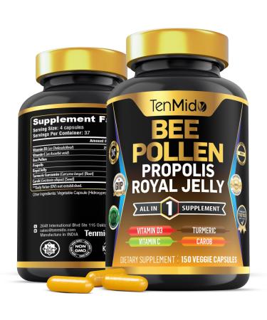 Tenmido Bee Pollen Capsules for Men and Women 7-in-1 Formula with Propolis Royal Jelly Turmeric Carob & More - Energy Immune Digestive Support - Rich in Nutrient Vitamins - 150 Capsules