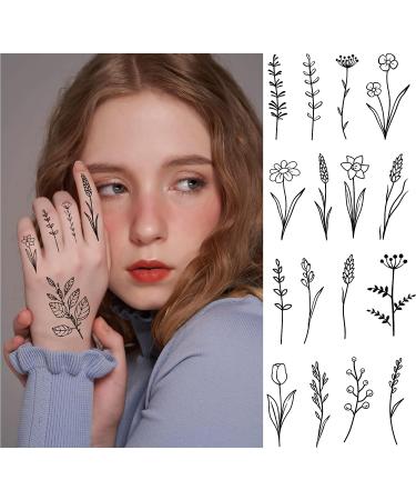 YAKAGO 16 Sheets Black Small Flower Temporary Tattoos for Women | 74 Styles Tiny Branch Fake Tattoos | Floral Bouquet Design for Neck, Finger, Hand, Arm | Sunflower, Dandelion, Lily, Lavender, Rose Tattoo - Buy Online on GoSupps.com