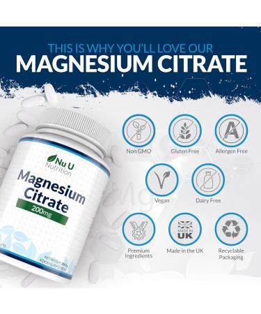 Magnesium Citrate 200mg | 180 Tablets | 6 Month Supply | UK Made by Nu U Nutrition - Buy Online on GoSupps.com