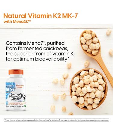 Doctor's Best Natural Vitamin K2 MK-7 (45 mcg) - 180 Veggie Caps | Supports Bone & Heart Health - Buy Online on GoSupps.com