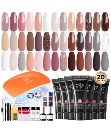 Modelones Poly Gel Nail Kit with Nail Lamp 20 Colors Complete Extension Starter Kit Nude Pink Glitter Red with Nail Art Tools Gifts for Women