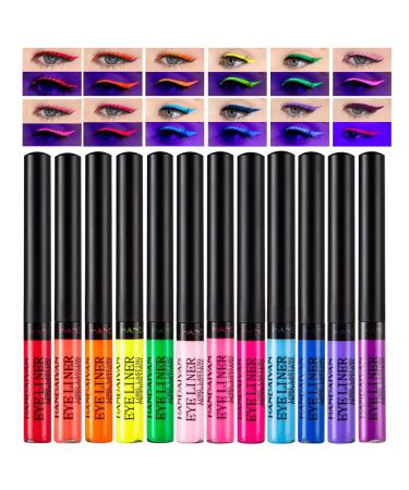 12PCS UV Coloured Eyeliner Set Bright Colors Eye Liner Liquid Colored Eyeliner Pen Eye Shadow Pencil Lip Liner Professional Eye Makeup Waterproof Smooth & No Fading for Women Make Up Eye (43-UV Colors)