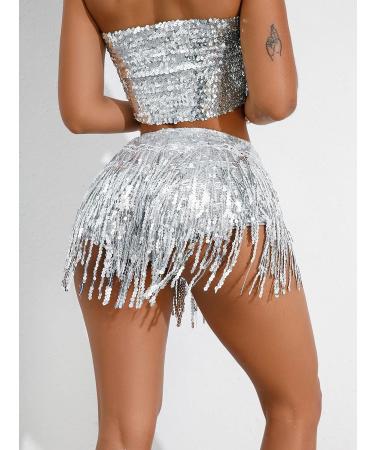 FEOYA Womens Sequins Tassel Festival Dance Sparkly Fringe Skirt - Silver2, X-Large - Buy Online on GoSupps.com