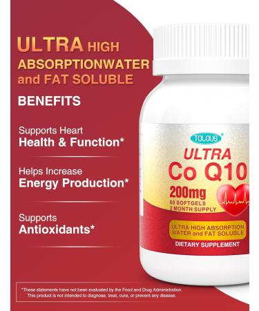 TOLOUS CoQ10 200mg Softgels Ultra CoQ10 200mg Ultra High Absorption Coenzyme Q10 Supplements 2 Month Supply 60 Count - Buy Online on GoSupps.com