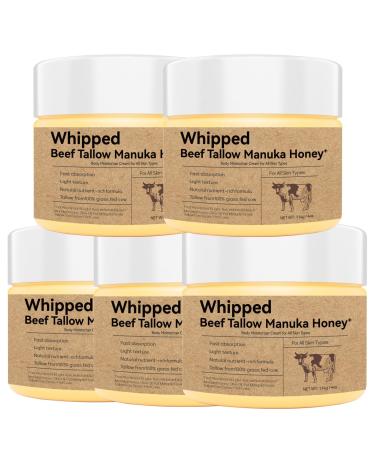 Organic Grass-Fed Beef Tallow Balm (4oz/5pack) - Whipped with Manuka Honey Ultra-Moisturizing for Face & Body Natural Skincare for Dry & Sensitive Skin 4 Fl Oz (Pack of 5)