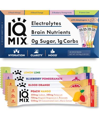IQMIX Sugar Free Electrolytes Powder Packets - Hydration Supplement Drink Mix with Keto Electrolytes, Lions Mane, Magnesium L-Threonate, and Potassium Citrate - Variety Pack (20 Count) All Flavor Variety 20 Count (Pack of 1)