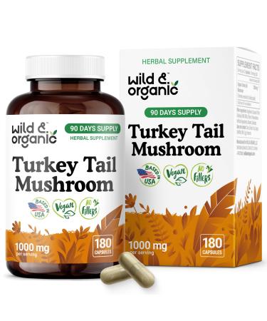 Wild & Organic Turkey Tail Mushroom Capsules 1000 mg - Immune Support - Turkey Tail Mushroom Powder Supplement - Coriolus Versicolor Mycelium Extract - Vegan No Fillers Non-GMO - 180 Count 180 Count (Pack of 1)