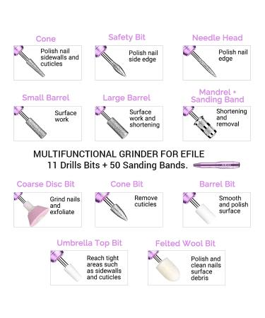 AIRSEE Portable Electric Nail Drill Kit for Acrylic Gel Nails - 11Pcs Bits, 56 Sanding Bands - Purple - Buy Online on GoSupps.com