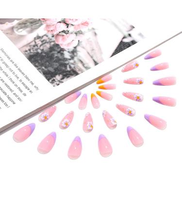 Sethexy Flower Almond False Nails - 24pcs Spring French Press On Acrylic Nails for Women & Girls - Purple Floral Art - Buy Online on GoSupps.com
