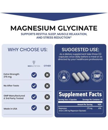 Meo Nutrition Magnesium Glycinate 275mg per Serving | 90 Vegan Capsules | Non-GMO Gluten-Free Gentle on Digestion | Supports Sleep Heart & Bone Health | Made in USA - Buy Online on GoSupps.com