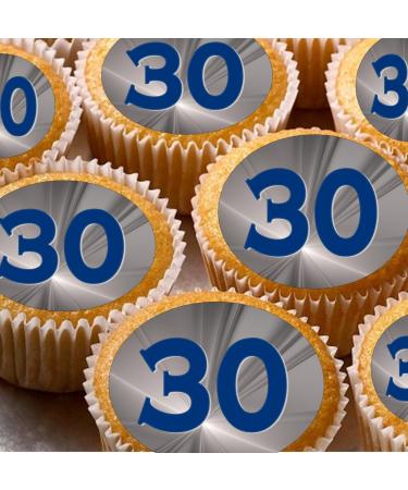24 blue grey silver 30th edible birthday party Cupcake Cake Toppers Wafer Rice Paper precut decoration