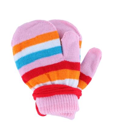 ANGELA & WILLIAM Kids' Knit Striped Mitten with Keeper String Light Pink