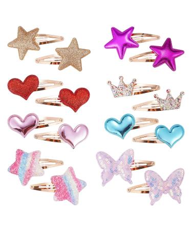 16 Pcs/8 Pairs Hair Clips for Girls  Star/Crown/Heart Shaped Kids Hair Barrettes  Cute Hair Clips Metal Snap Hair Pins Sparkly Hair Styling Accessories for Girls  Kids  Baby and Women