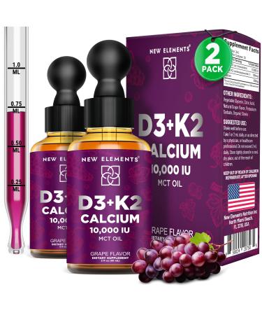 2 Liquid Vitamin D3 K2 Drops with Calcium for Adults | Vitamin D3 10 000 IU | D3 K2 with Calcium for Bone Health & Immunity Support | Joint Health Supplement | Non-GMO | Vegan