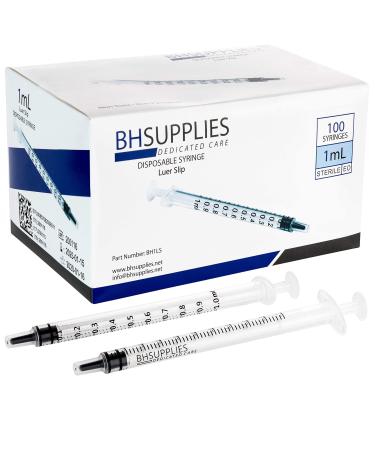 1ml Syringe Sterile with Luer Slip Tip - 100 Syringes by BH Supplies (No Needle) Individually Sealed