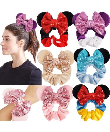 6 Pack Mouse Ears Scrunchies Velvet Sequin Bows Hair Scrunchies Hair Ties Elastic Rubber Bands Ponytail Holders for Women Girls Adult Kids Christmas Party Decoration style2