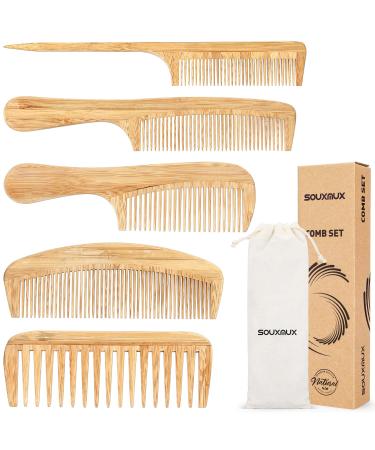 Hair Combs set for Men Women Comb Wide Tooth Natural Bamboo Hairbrush Heat Resistant Styling Comb Fine Tooth Handmade Anti-Static Hair brush for Long Short Thick Thin Wavy Curly Hair Detangling Comb Gift kit by SouxMux