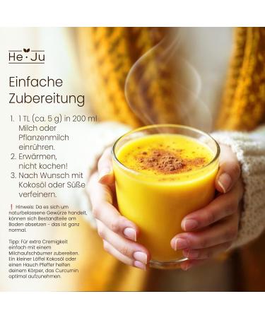  He-Ju He-Ju Organic Golden Milk Pure 300g (60 servings) only 3 ingredients: turmeric ginger and Ceylon cinnamon no pepper or sugar no additives Ayurvedic and mild. - Buy Online on GoSupps.com
