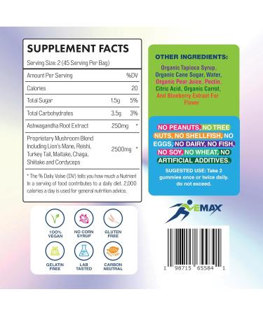 Ashwagandha and Lions Mane Mushroom Gummies for Adults - Organic - Reishi Maitake Chaga Cordyceps Shiitake Turkey Tail - Immune Support Memory Focus and Energy -Vegan Mushroom Supplement Gummy - Buy Online on GoSupps.com