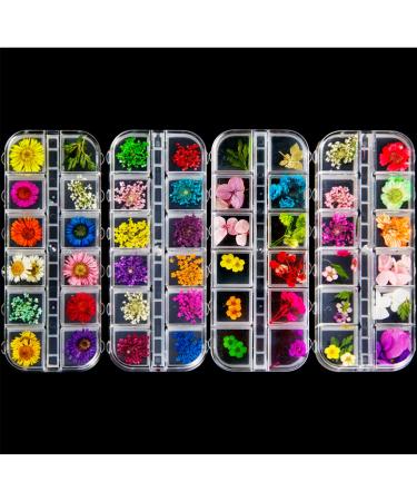 ANPHSIN 4 Boxes Dried Flowers Nail Art- 48 Colors Mini Natural Real Dry Flowers 3D Applique Art Resin Art Supplies for Nail Decoration Sticker Nail Tips Manicure