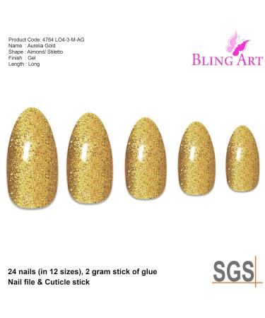 Shop Bling Art Gold Gel False Nails - Stiletto Almond 24 Long Artificial Nails with Glue for Perfect Manicure - Buy Online on GoSupps.com