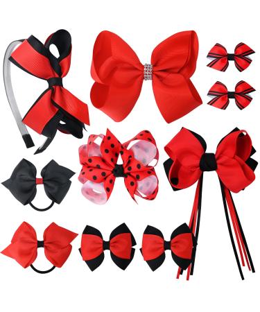 DEEKA School Uniform Hair Bows Set Hair Clips Accessories for Girls Headband and Ponytail Holders Multi-styled School Bows Set for Little Teen Toddler Girls -Red/Black