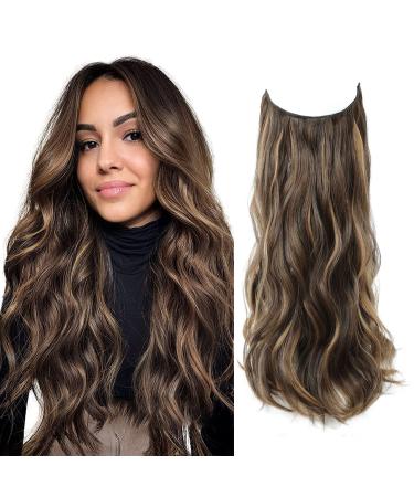 One piece Invisible Wire Hair Extensions Clip in Natural Wavy Synthetic Hair Extension with Transparent Wire Adjustable Size 2 Secure Clips Headband Long Curly Secret Hair Pieces for Women 16inch Honey Bronde with highlights