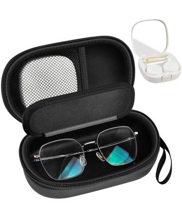 Portable 2 in 1 Contact Lens Case and Glasses Case Traveling Contact Cases Bag Box Holder with Soak Storage Kit Included Built-in Mirror Tweezer Contact Lens Solution Bottle and Hand Strap-Black