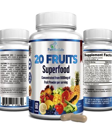 20 Fruits Superfood - Powerful Natural Antioxidants Concentrated Fruits incl. Aloe Vera Blueberry Cranberry Grape Skin Acai Goji Non-GMO Formula - 60 Capsules
