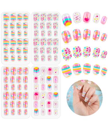 96 Pcs Kids False Nails Children Press on Fake Nail Tip Cartoon Kids Full Cover Short Fingernail Children Artificial Nail Tips Kids Pre-glued Fake Nail Stickers for Girls Nails Art Decoration Hearts