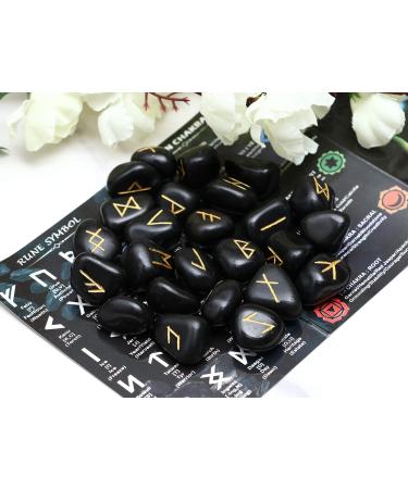 Crocon Black Tourmaline Elder Futhark Rune Stones Set | 25 pcs | 20-25mm | Feng Shui Chakra Balancing Reiki Healing - Buy Online on GoSupps.com