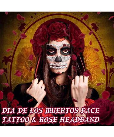 Chunyin Day of the Dead Face Gems Tattoo Set with Red Rose Floral Crown - Halloween Makeup Rhinestone Stick-on Skull Stickers for Women - Buy Online on GoSupps.com