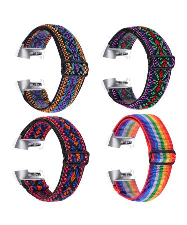 Moran Nylon Elastic Watch Band Compatible with Fitbit Charge 4/Charge 3/SE Replacement Adjustable Stretchy Loop Watch Strap Soft Wristband for Women Men Purple Aztec/Blue Aztec/Green Aztec/Rainbow