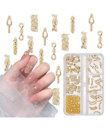 NICENEEDED 3D Boxed Metal Alloy Nail Charms Metallic Braid Rivets Nail Studs with Gold Caviar Beads Multiple Shapes Nail Decorations for Manicure Design DIY Craft