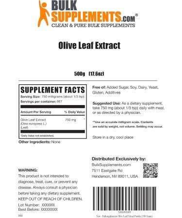 BulkSupplements Olive Leaf Extract Powder - 750mg Antioxidant Herbal Supplement - 667 Servings - Gluten Free - 500g (1.1lb) - Buy Online on GoSupps.com