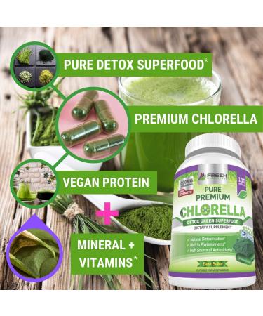 Fresh Healthcare Premium Chlorella Supplement - 1200mg Vegan Capsules for Natural Detox & Nutrition - 180 Pills with Chlorophyll, B Vitamins & Minerals - Buy Online on GoSupps.com