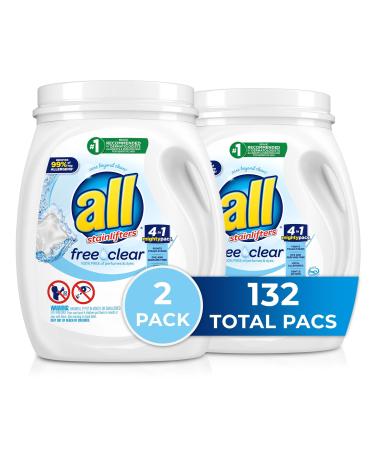 All Mighty Pacs with stainlifters free clear Laundry Detergent, Free Clear for Sensitive Skin, 66 Count - (Pack of 2) 66 Count (Pack of 2)