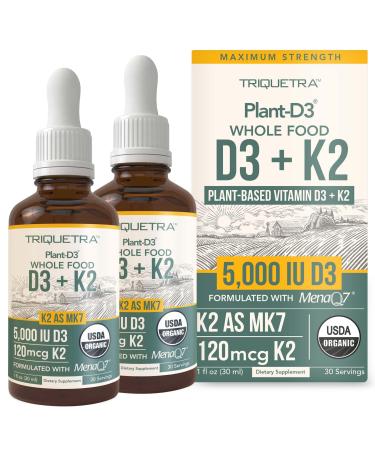 Organic Plant D3+K2 (5000 iu D3) All-Trans MK7 from MenaQ7 (120 mcg K2) 100% Organic & Plant-Based Sublingual D3 Drops (Cholecalciferol) 100% Vegan Supports Immunity Bone Mood & Brain (1oz-2Pack) 2 Fl Oz (Pack of 1)