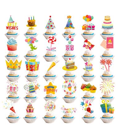 60PCS Colorful Cupcake Toppers 30 Styles Happy Birthday Cake Toppers Cupcake Picks for Boys Girls Party Supplies Decorations