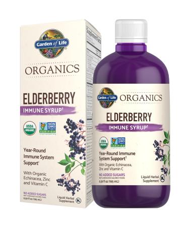 Garden of Life Organics Plant-Based Elderberry Immune Syrup 6.59 fl oz (195 Ml) for Kids & Adults: Sambucus Echinacea Zinc & Vitamin C 0g Sugar Organic Vegan Gluten Free Herbal Supplement