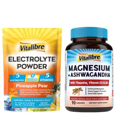 Vitalibre Electrolytes Powder Packets | 16 Stick Packs Magnesium Ashwagandha Complex 90 Capsules