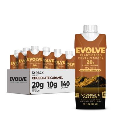 Evolve Plant Based Protein Shake, Chocolate Caramel, 20g Vegan Protein, Dairy Free, No Artificial Sweeteners, Non-GMO, 10g Fiber, 11oz, (12 Pack) Carton Chocolate Caramel 11.2 Fl Oz (Pack of 12)
