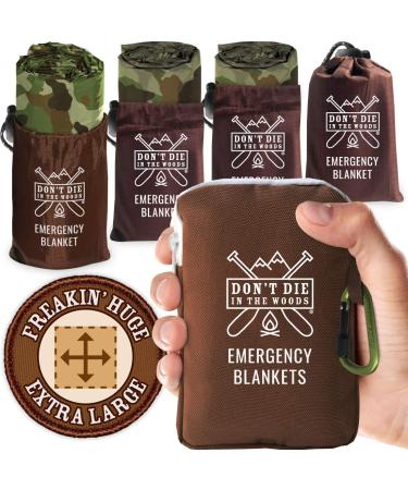Don't Die In The Woods - Freakin Huge Emergency Blankets 4-Pack Extra-Large Thermal Mylar Space Blankets with Ripstop Nylon Stuff Sacks + Carabiner Zipper Pack Woodland Camo