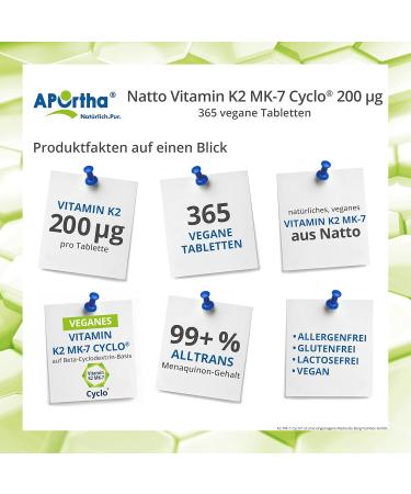 Aportha Vitamin K2 MK7 200 g - High-Dose Vegan Supplement | 365 Easy-to-Swallow Natto Tablets for Optimal Health - Buy Online on GoSupps.com