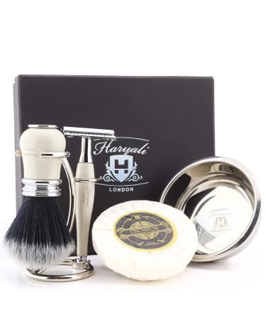 Haryali London men's rasier set with double-sided razor planer black razor brush stand soap and bowl ivory colors 5-part set