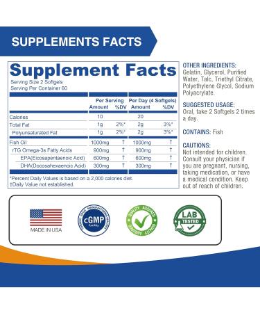 LOVITA Omega-3 Fish Oil 2000mg Supplement for Men and Women 120 Mini Softgels High Absorption rTG with EPA & DHA Burpless Enteric-Coated Non-GMO Supports Heart Brain Eye Health 30 Day Supply 120 Count (Pack of 1) Stan  - Buy Online on GoSupps.com