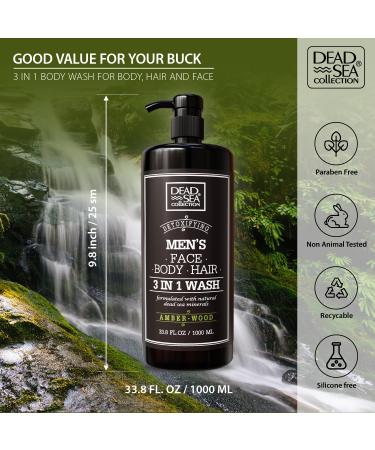 Dead Sea Collection 3-in-1 Body Wash for Men - Amber Wood Cleanser for Body Hair & Face - 33.8 Fl. Oz | International Shipping Available - Buy Online on GoSupps.com