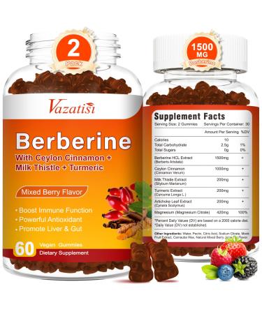 2 Pack 1500mg Berberine Gummies, High Potency Berberine Supplement with Ceylon Cinnamon Gummies, Turmeric, Magnesium, Sugar Free, Non-GMO, Gluten-Free - Mixed Berry Flavored 120 Gummies Mixed Berry 60 Count (Pack of 2)