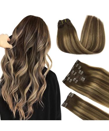 Doores clip in extensions real hair balayage chocolate brown to caramel blonde 60cm 24 inch 9 pieces 150g remy human clips in hair extension real hair extensions clip in straight thick hair 60cm-15/27/4 balayage chocolate brown to caramel blonde